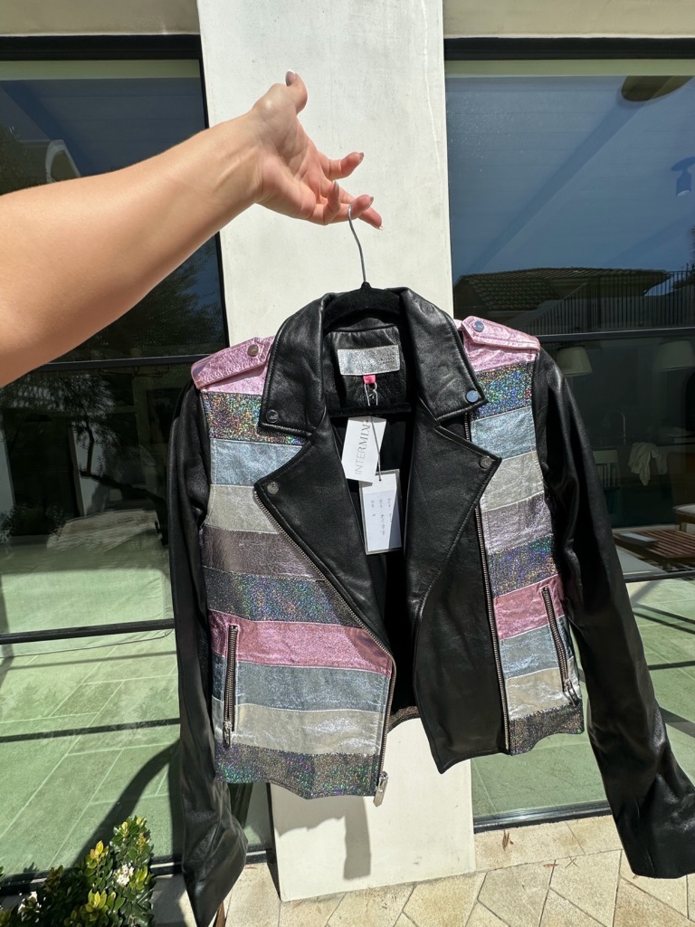 INTERMIX Glitter Stripe Faux Leather Moto Jacket - Black, Pink, Silver